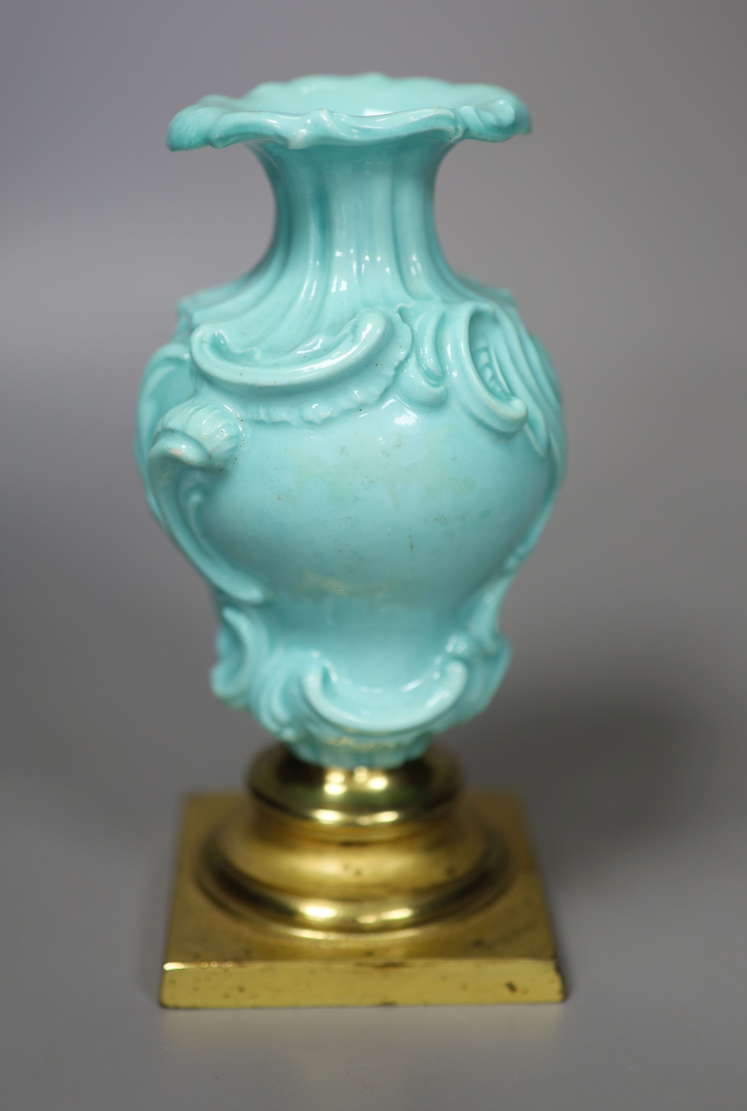 A Chelsea Derby rare rococo moulded vase with celadon type ground, mount on a gilt metal base, from the collection of Dr. Alasdair Morr